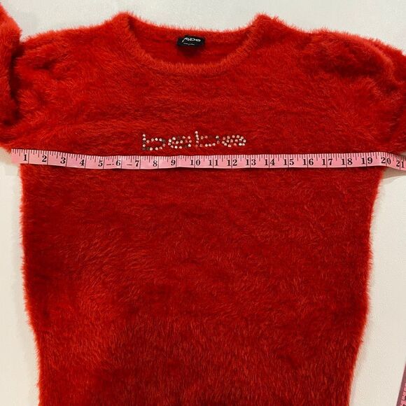 bebe Red Fuzzy Logo Sweater Size L Soft Long Sleeve Pullover - Picture 4 of 9